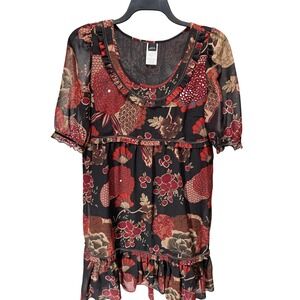Bila Floral Babydoll Dress Womens Large Black Red Boho Ruffle Tiered Mini Hippie